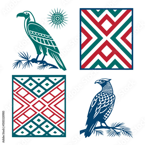 Canvas Print Teal and red geometric patterns with birds and sun