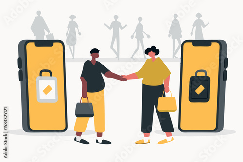Secure Transaction Illustration Two People Shaking Hands In Front Of Phones with Shopping Icons Shoppers e commerce