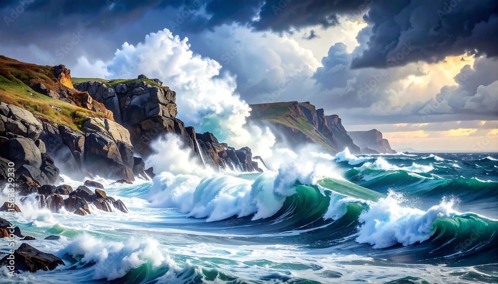 Obraz premium Dramatic coastal waves crash against rocky cliffs under stormy skies