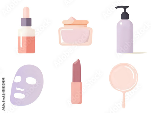 Flat design illustration of various beauty products, including face masks, creams, and lotions.