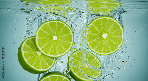 Sliced limes splashing into clear water, creating bubbles and ripples, with a bright, fresh, and invigorating feel.
