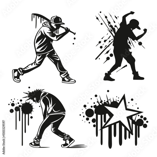 Urban dancers and baseball player silhouettes with paint splatters