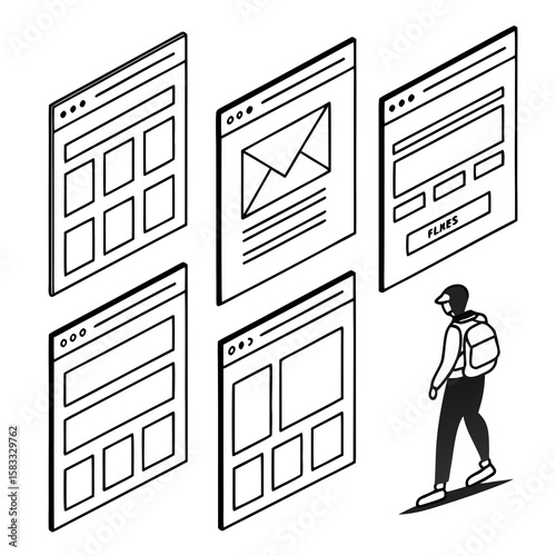 Website wireframe layouts and person walking interface