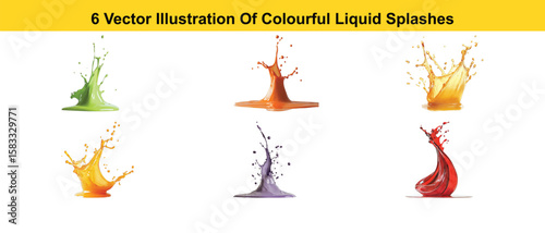 Six Colorful Liquid Splashes Vector Illustrations on White Background water paint