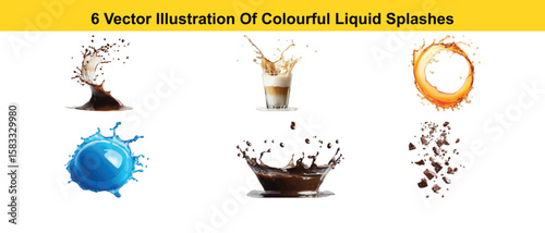 Six Colorful Liquid Splashes Vector Illustrations Coffee Latte Blue Orange Chocolate Isolated on White Background