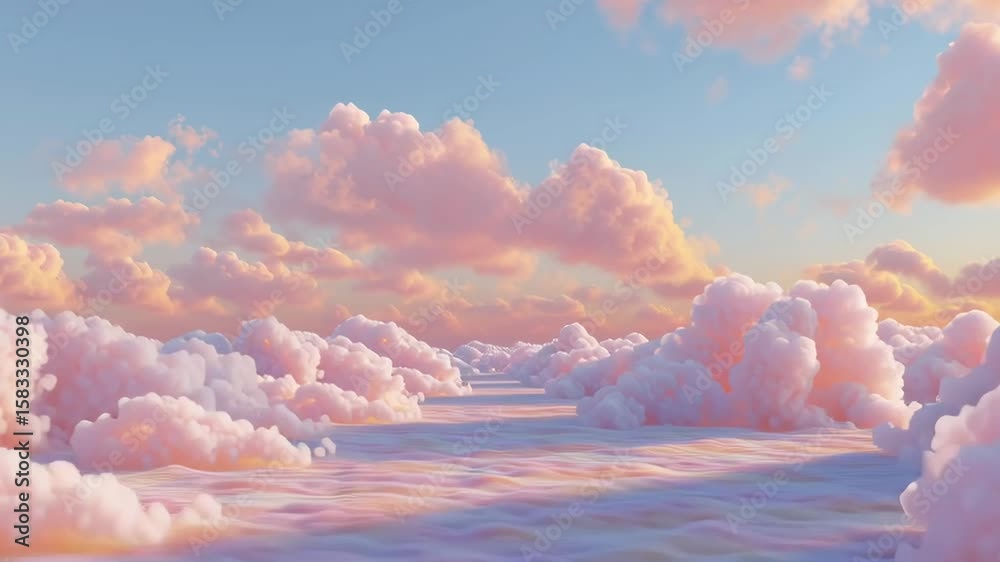 A beautiful pink sky with fluffy clouds. The sky is filled with clouds of different sizes and shapes, creating a dreamy and peaceful atmosphere. The colors of the sky are vibrant and warm