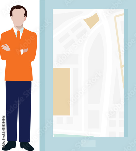 The man is standing with town map