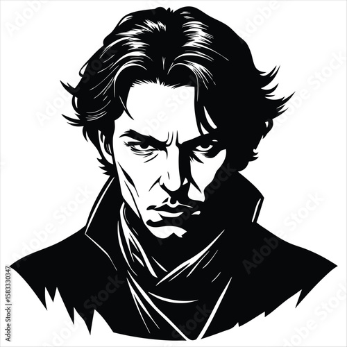 Serious man, dramatic line art portrait, intense gaze, strong features, monochrome style, vector illustration, graphic novel aesthetic.