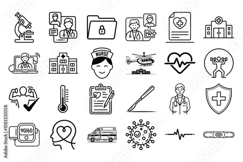 Collection of medical and healthcare icons featuring doctors nurses hospitals and diagnostic equipment in a clean line art silhouette style