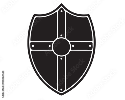 Isolated black shield with white outline and cross design on a white background in simple illustration