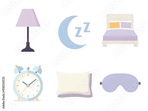 Flat design icons representing sleep essentials like a lamp, moon, bed, alarm clock, pillow, and eye mask.
