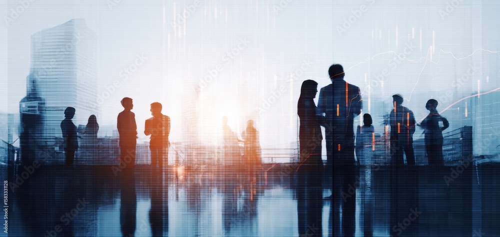 The silhouettes of business professionals collaborating in a modern urban setting. The silhouettes of business professionals collaborating in a modern urban setting.