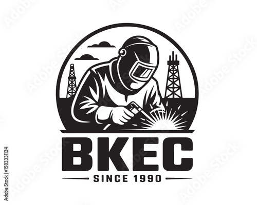 A black and white logo of a welder with oil derricks and the text bkec since 1990 in a circle