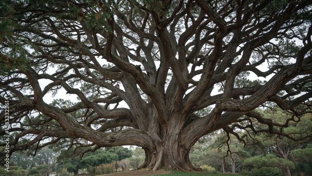 Fototapeta premium Enormous pine tree featuring large, curled and crinkled branches overhead