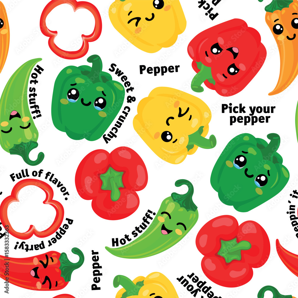 Obraz premium Seamless Pattern with Cute Bell and Chili Peppers on White Background