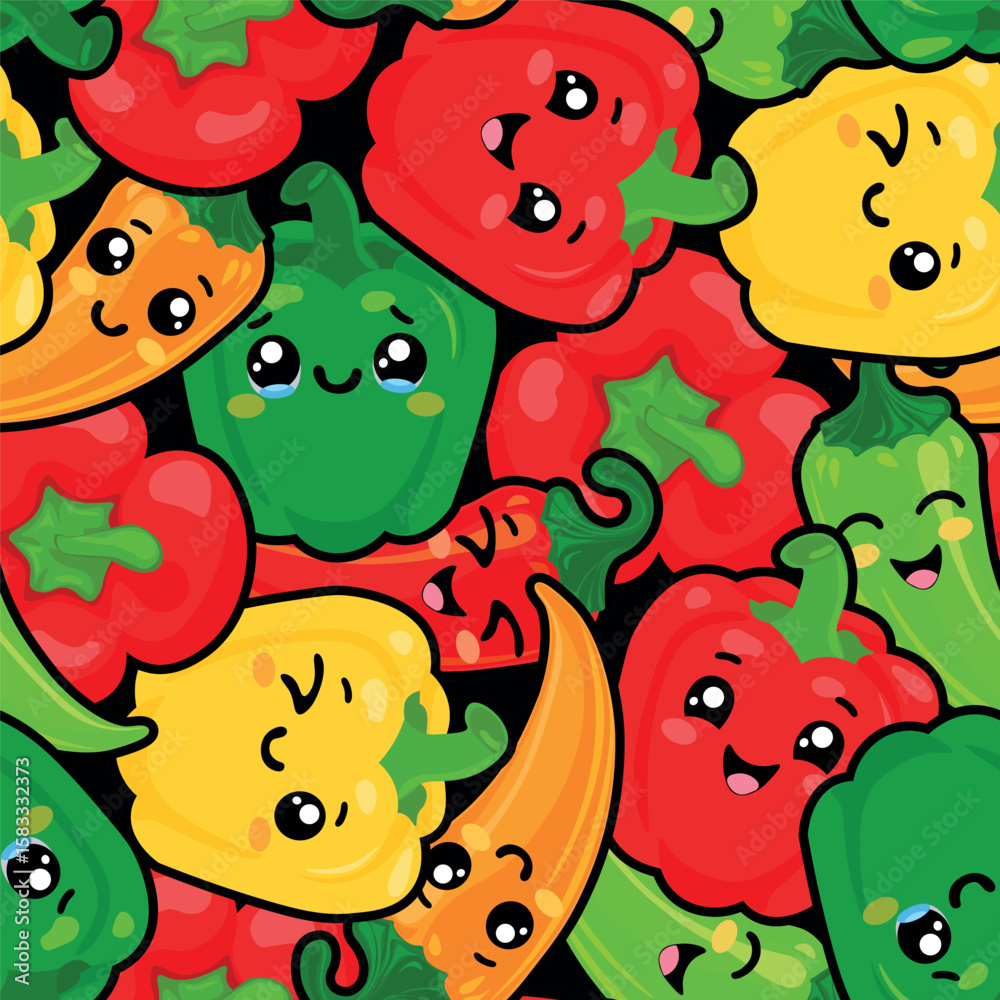 Fototapeta premium Seamless Pattern with Cute Bell and Chili Peppers on Black Background