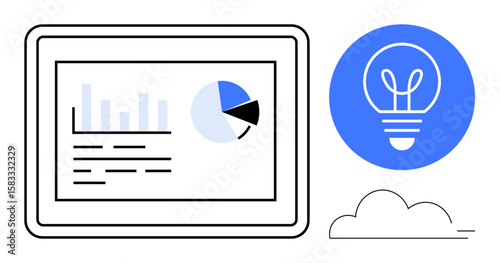 Tablet screen displays analytics with bar graph and pie chart beside lightbulb symbolizing ideas and cloud hints creativity, insights. Ideal for technology, business strategy, startups, innovation
