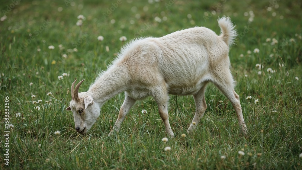 Obraz premium Grazing goat strolling over vibrant green grass, natural farm scene