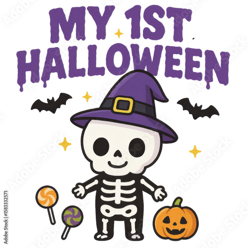 Smiling baby skeleton in a purple witch hat standing next to a jack-o'-lantern.  text “My First Halloween”. Concept Halloween baby design for prints, festive decor