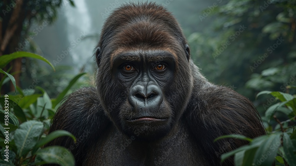 Fototapeta premium Endangered great ape surrounded by rich jungle wilderness