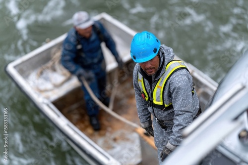 Two men work diligently on a boat, showcasing teamwork and effort amidst challenging weather conditions, a testament to hard work and persistence in their profession.