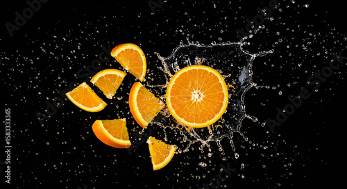 Sliced orange fruit with water splashing around it, set against a stark black background.