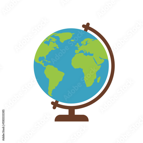 Globe showing continents and oceans with a brown base and stand on isolated background