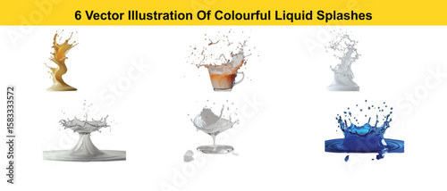 Six Vector Illustrations of Colorful Liquid Splashes Including Water Coffee and Milk on White Background