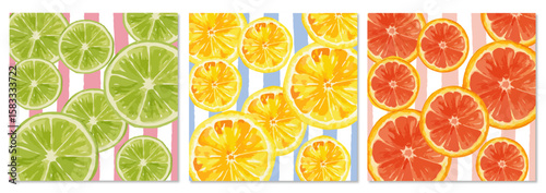 SET OF 3 CITRUS VECTOR PATTERNS - SUMMER PATTERN OF YELLOW LEMON, LIME, GRAPEFRUIT WITH COLORFULL STRIPES