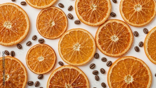 Ornamental display featuring dried orange pieces and coffee beans