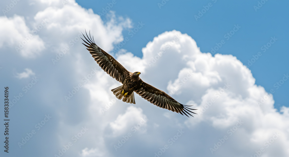 Fototapeta premium Majestic eagle soars against a backdrop of puffy white clouds and vibrant blue sky, showcasing freedom and natural beauty.
