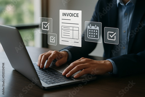 Businessman typing on laptop with floating invoice and checklist icons for business accounting and payment management showing financial organization and workflow tracking