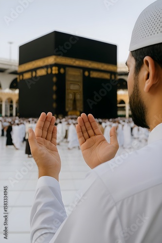 Muslim praying to Allah in front of Kaaba. Islam Iconic Mosque, Al Haram Mecca Saudi Arabia. Muslim Praying Hands in front of The Holy Kaaba which is the center of Islam inside Masjid Al Haram Mecca