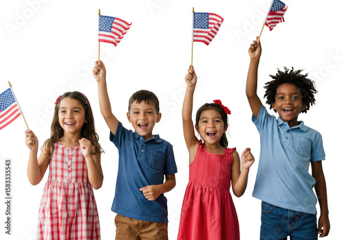 Group of children waving american flags isolated on transparent background