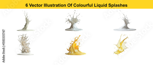 Six Vector Illustrations of White and Yellow Liquid Splashes Isolated on White Background milk cream