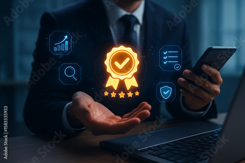 Golden badge icon in futuristic business interface representing quality assurance approval with digital verification elements like checklist, shield, analytics and mobile review