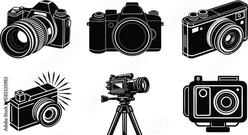 A collection of various camera styles and designs isolated on white background