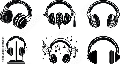A collection of headphones and microphones is isolated on white background