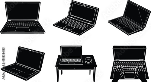Collection of laptop silhouettes in various positions isolated on white background