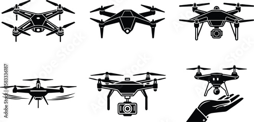 Various drone silhouettes in different angles isolated on white background
