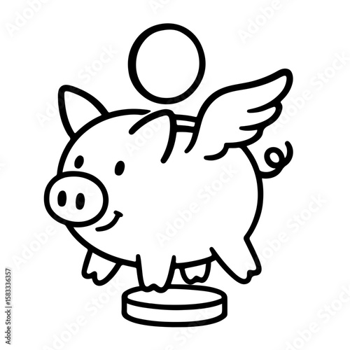 Piggy Bank Standing on Coins – Outline Style