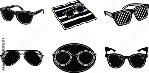 A collection of sunglasses isolated on white background, providing eye protection and stylish flair