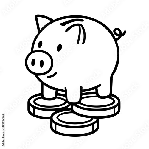 Winged Piggy Bank with Coin – Black and White SVG