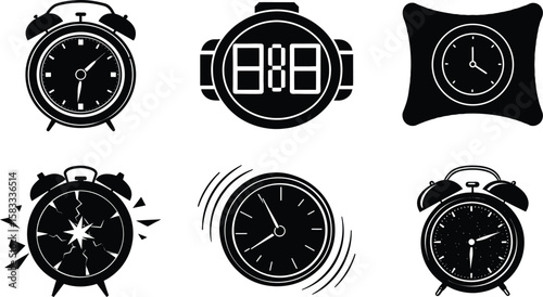 A collection of clock and watch illustrations isolated on white background