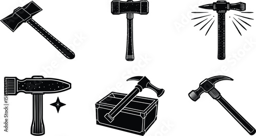 A collection of different hammer designs and styles isolated on white background