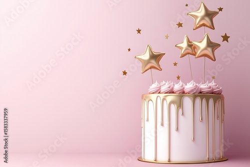 Elegant Birthday Cake with Gold Stars on Pink Background with Copy Space.
