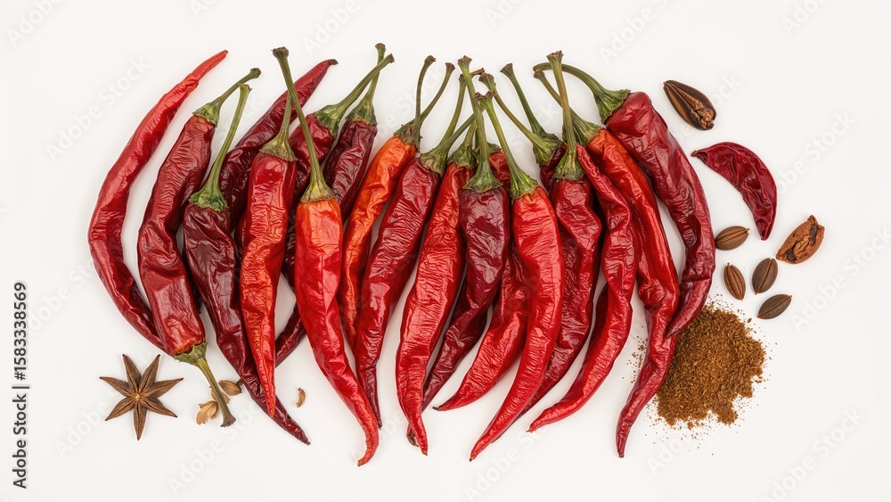 White Background Featuring Dried Chili Peppers. Preserved Spice Ingredients. White Background Featuring Dried Chili Peppers. Preserved Spice Ingredients.