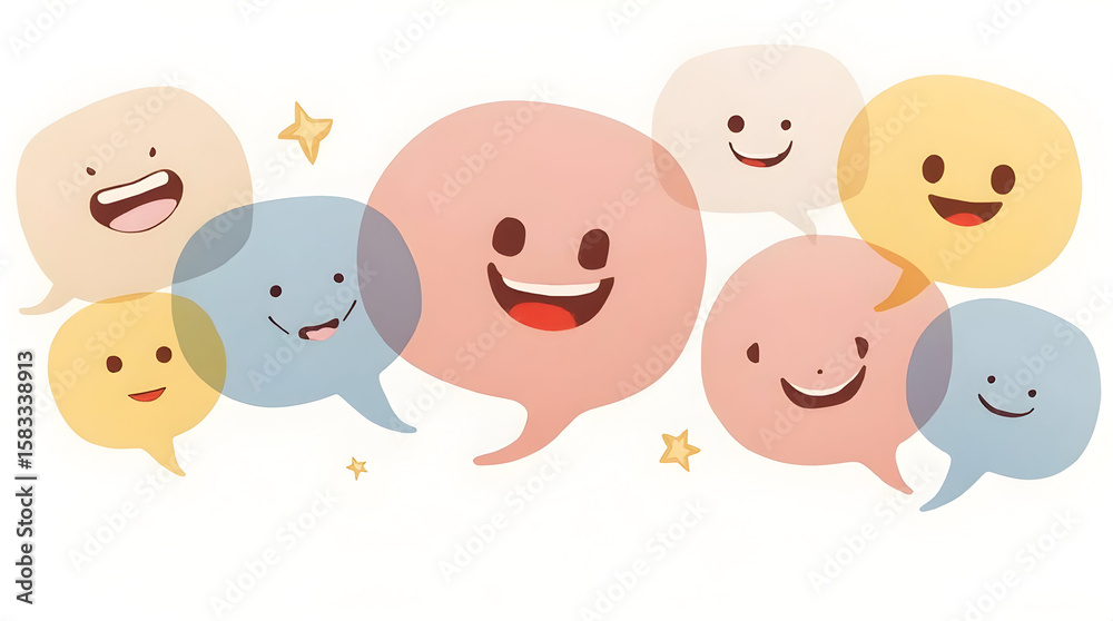 Naklejka premium Smiling Speech Bubbles and Stars on White Background for Communication Concept