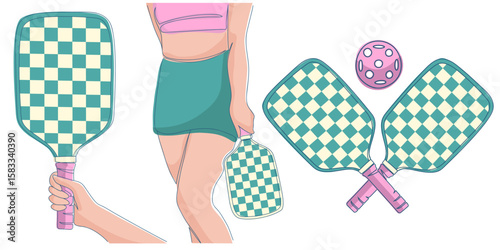 Pickleball set: hand holding  racket, silhouette of girl player, two rackets crossed over each other isolated on white background. Perfect for sports prints, branding, social media or product design