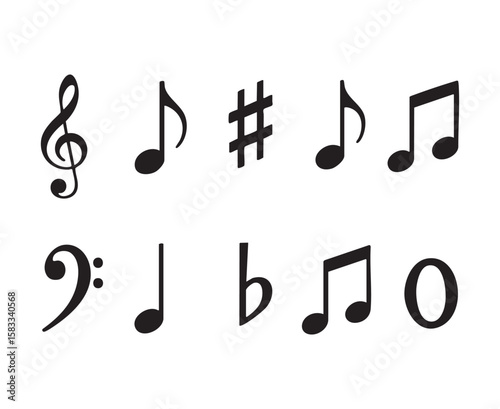 A vector-style black silhouette set of musical symbols including treble clef, bass clef, sharp, flat, and various notes, isolated on white background for design and education use.